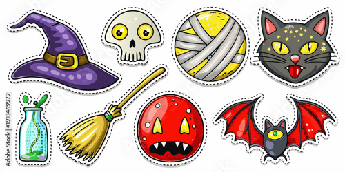 Colorful halloween stickers featuring a witch s hat skull and other spooky elements