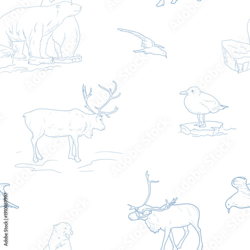Arctic animals on a seamless pattern. Vector illustration. Monochrome graphic sketch of polar fauna isolated on a white background. Reindeer, polar bear on an ice floe.
