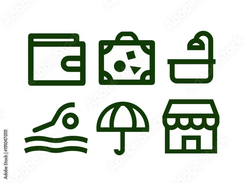 Green Linear Icon Set for Travel, Tourism, and Hospitality Services