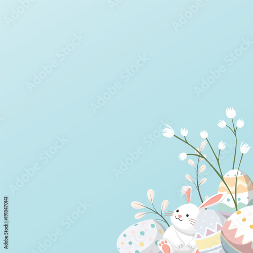 Cute Happy Easter greeting card, poster or banner pastel colors hand drawn style square template