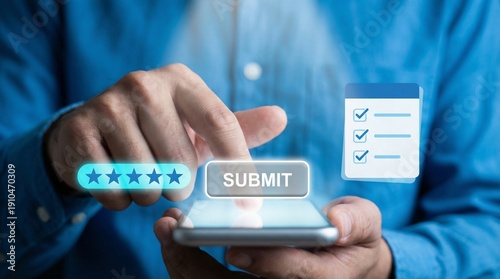 Business professional pressing submit button on digital checklist with five star rating for approval success in corporate office