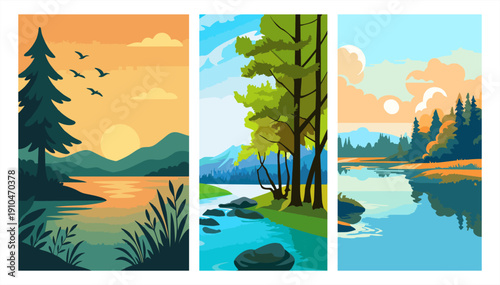 Set of vertical flat design landscapes featuring a serene lake, river stream, and pine forest during daylight
