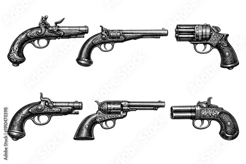 Vintage pistols engraving set, antique flintlock and revolver sketches in woodcut style