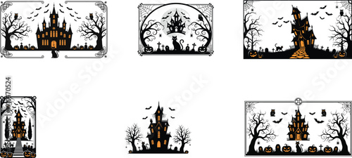 Six gothic castle silhouettes in various architectural styles