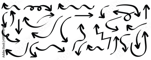Hand drawn arrow doodles . Sketchy black arrows set . Marker pen pointer icons . Curvy directional symbols. This icon set isolated on white background. Vector illustration.