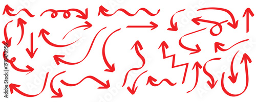 Red arrows crayon doodle chalk icons set. Freehand different curved lines, swirls arrows. Direction pointers. Brush sketch red arrow line curve up, down shape chalk texture element set. Eps10
