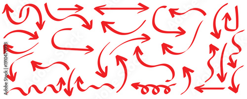 Red arrows crayon doodle chalk icons set. Freehand different curved lines, swirls arrows. Direction pointers. Brush sketch red arrow line curve up, down shape chalk texture element set. Eps10
