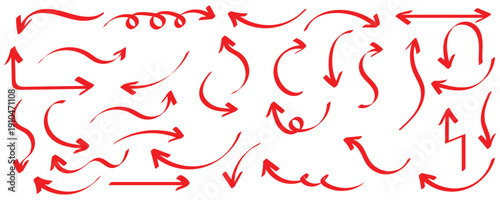 Red arrows crayon doodle chalk icons set. Freehand different curved lines, swirls arrows. Direction pointers. Brush sketch red arrow line curve up, down shape chalk texture element set. Eps10
