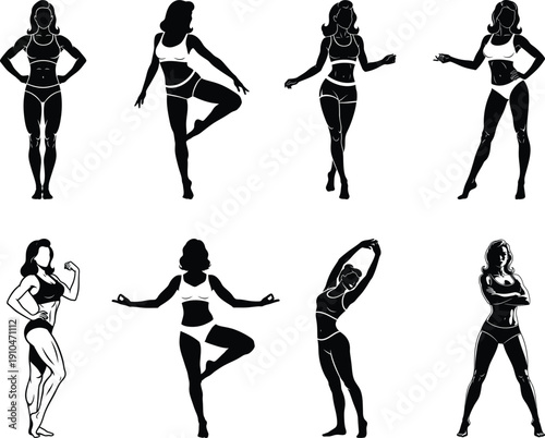 Silhouette of women in various poses in swimsuits
