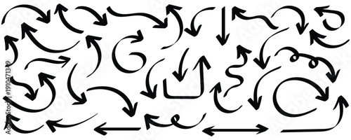 Hand drawn arrow doodles . Sketchy black arrows set . Marker pen pointer icons . Curvy directional symbols. This icon set isolated on white background. Vector illustration.