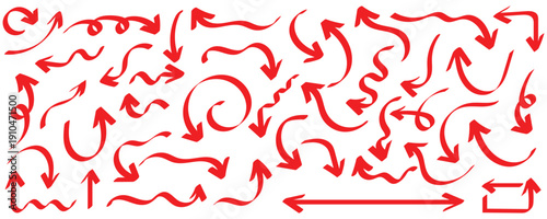 Set of different doodle arrow shapes . Hand drawn red doodle effect for design in presentations fun and lively visual with crayon texture brush effect. This icon set isolated on white background.Eps10