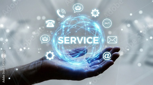 Hand holding glowing digital service globe with business icons and technology network on futuristic blue background