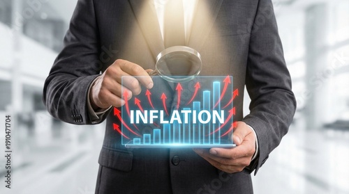 Business professional holding inflation concept hologram with financial charts and rising costs analysis in urban office background
