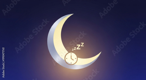 Glowing crescent moon with clock and zzz symbols on dark blue background representing sleep and nighttime