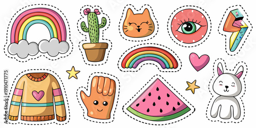 Colorful cartoon stickers featuring rainbows cacti and whimsical objects