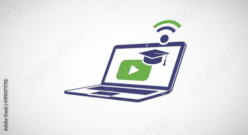 Online education concept with laptop showing video lecture and graduation cap on screen with wi fi symbol