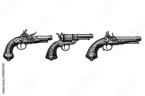 Vintage pistols engraving set, antique flintlock and revolver sketches in woodcut style