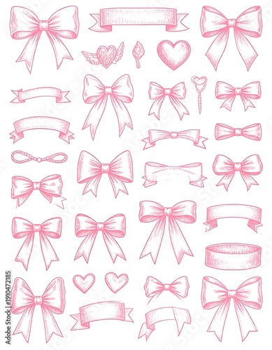 A collection of pink hand-drawn bow and ribbon designs
