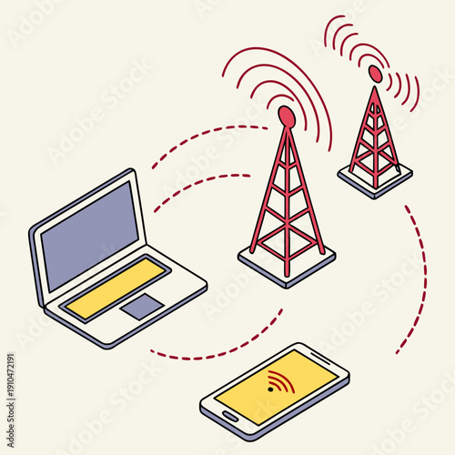 Abstract illustration of wireless communication signals between digital devices, symbolizing global connectivity and networking technology.