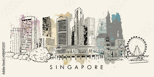 Watercolor style illustration of the singapore skyline with iconic landmarks