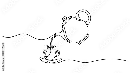 Elegant continuous line drawing of a teapot pouring tea into a cup and saucer vector