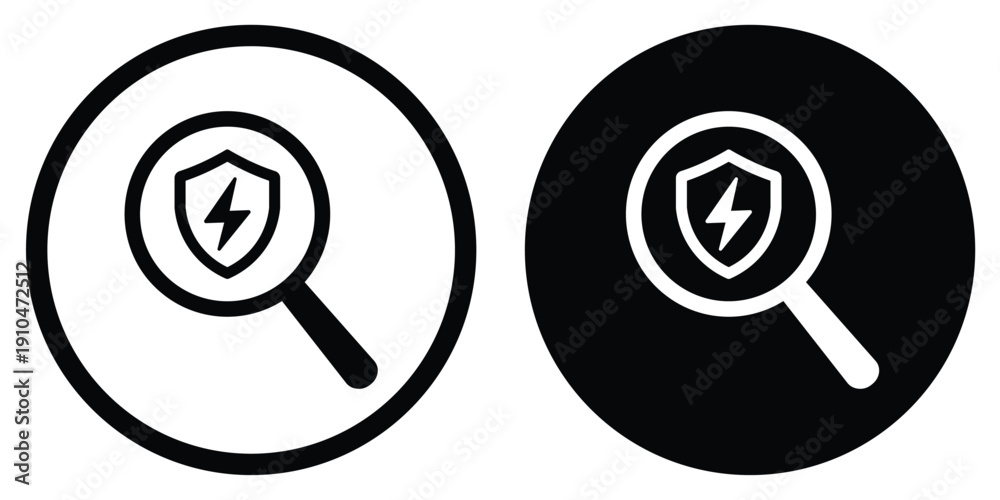 Fototapeta premium Minimalist magnifying glass warning icon set featuring exclamation mark symbols in outlined and filled styles. Clean flat vector illustrations for search alerts, error detection, inspection, security,