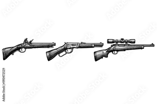 Vintage rifles and shotguns engraving set, antique firearms and muskets in woodcut style