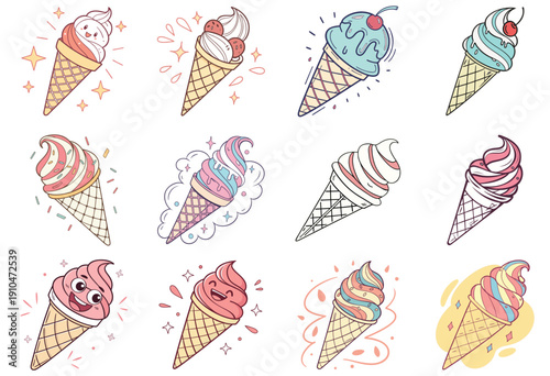 Set of 12 handdrawn ice cream cones with various flavors and toppings, doodle style
