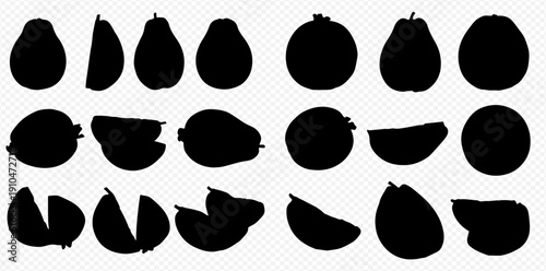 Set of various fruit silhouettes including whole and sliced pieces, isolated on a transparent background, perfect for graphic design elements.