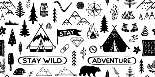 Black and white pattern featuring camping and wilderness themed illustrations