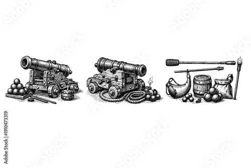 Vintage artillery engraving set, antique cannon and mortar sketches in woodcut style