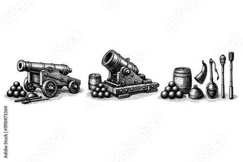 Vintage artillery engraving set, antique cannon and mortar sketches in woodcut style