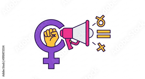 Feminist protest symbol with megaphone and equality signs representing women's rights and gender equality activism