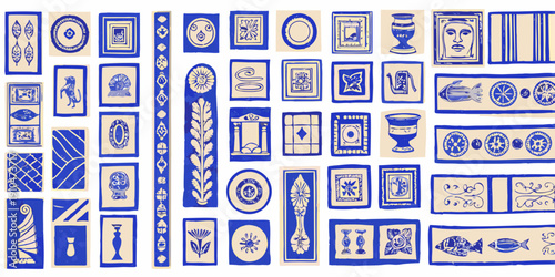 Collection of vintage blue and white decorative patterns and motifs