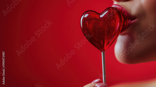 Close up of a woman with red lipstick and a valentine heart lolly