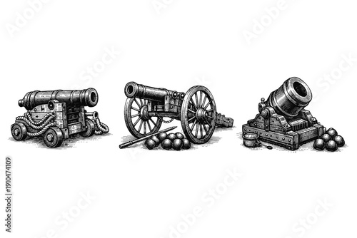Vintage artillery engraving set, antique cannon and mortar sketches in woodcut style