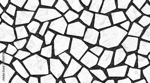 Obraz na płótnie high-contrast white marble flagestone pattern with dark terrazzo grout, seamless palladiana marble mosaic texture with black matt marble