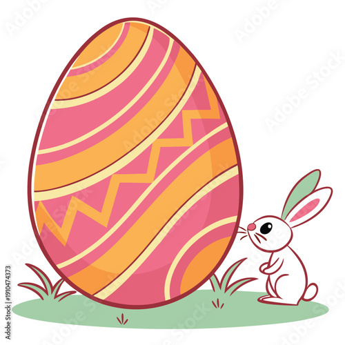 Cute little white bunny rabbit sniffing a large, brightly colored, decorated easter egg sitting on green grass