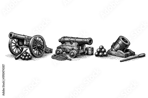 Vintage artillery engraving set, antique cannon and mortar sketches in woodcut style