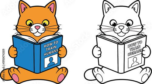 Clever Cartoon Cat Reading How To Train Humans Book Humorous Pet Illustration