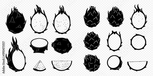 Set of black and white dragon fruit illustrations, whole and sliced, showcasing pitaya and cactus fruit designs.