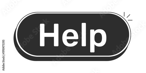 Help rounded modern black UI element. Assistance request. Customer support. User guidance. Website faq service. Monochrome clickable button. Flat web CTA with white bold text. Rubik font used