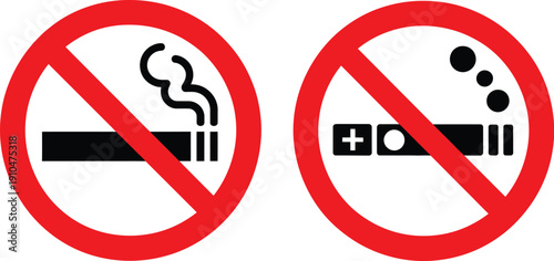 No Smoking Vector Signs Set, Stop Cigarette Prohibited Symbols Collection, Red Circle Slash Warning Icons For Public Safety Areas, Ban Smoking Notice Labels, Clean Flat Design Illustration.
