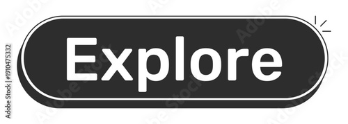 Explore rounded modern black UI element. Discovery feature. Browsing functionality. Site exploration. Navigation. Monochrome clickable button. Flat web CTA with white bold text. Rubik font used