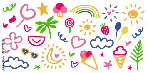 Colorful doodle collection featuring hearts rainbows and playful childlike drawings