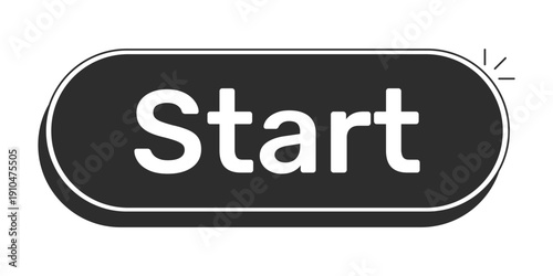 Start rounded modern black UI element. Begin action. Process initiation. Launch tool. Initialize feature. Trigger. Monochrome clickable button. Flat web CTA with white bold text. Rubik font used