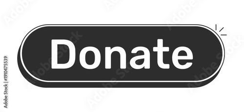Donate rounded modern black UI element. Charity support. Financial contribution. Give donation. Fundraising prompt. Monochrome clickable button. Flat web CTA with white bold text. Rubik font used
