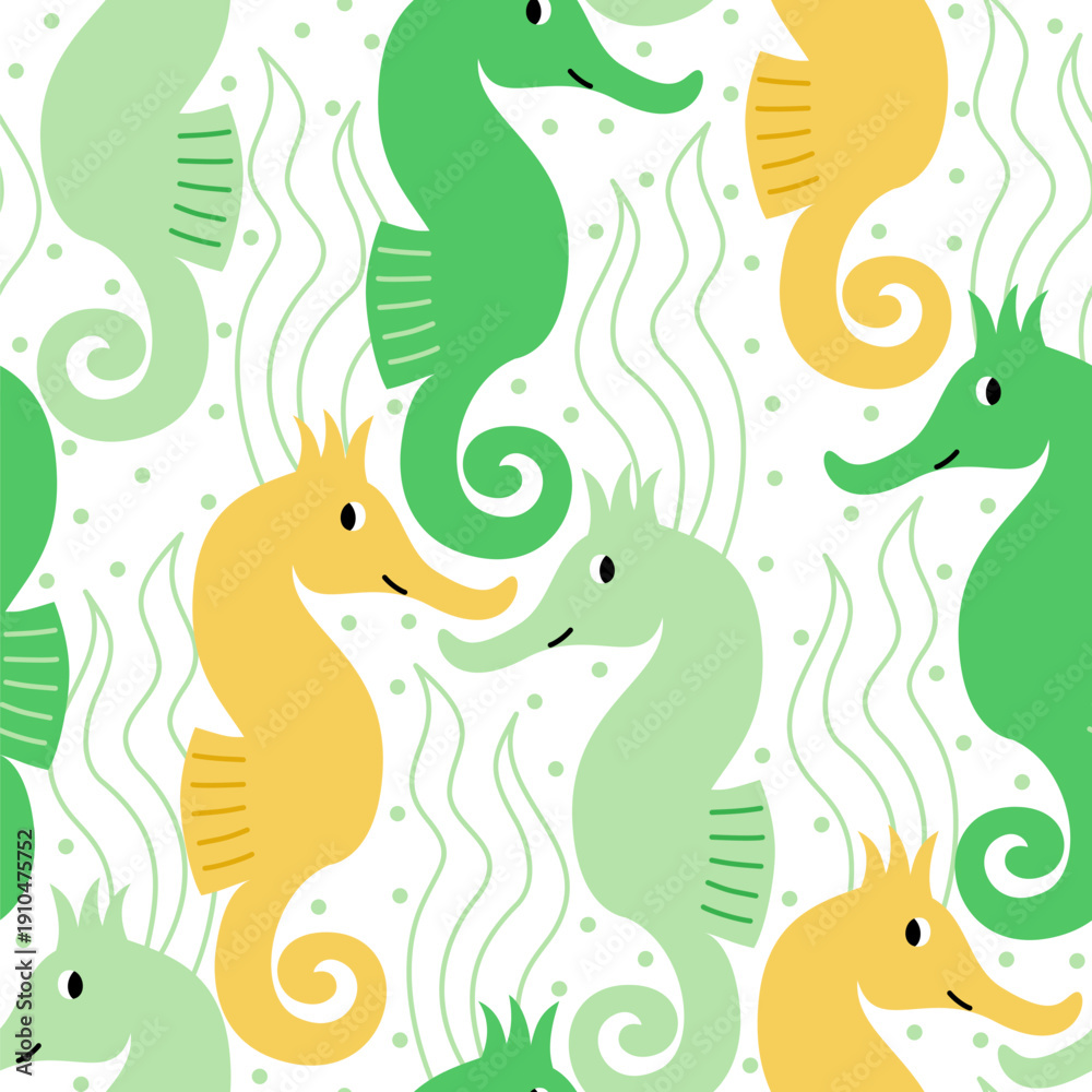 Obraz premium Vector seamless pattern with cute seahorses and seaweeds