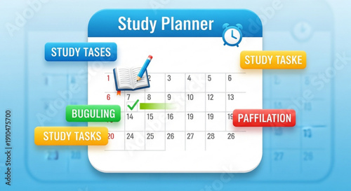 Study planner calendar with colorful tasks and reminders on gradient blue background