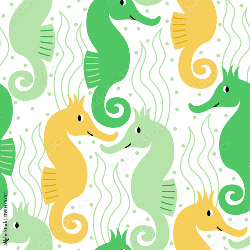 Vector seamless pattern with cute seahorses and seaweeds